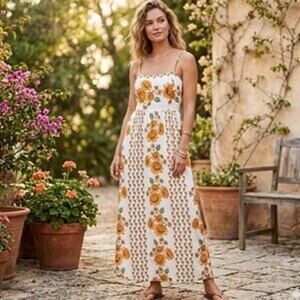 Japna Floral Cotton Maxi Dress Sundress White Yellow Large